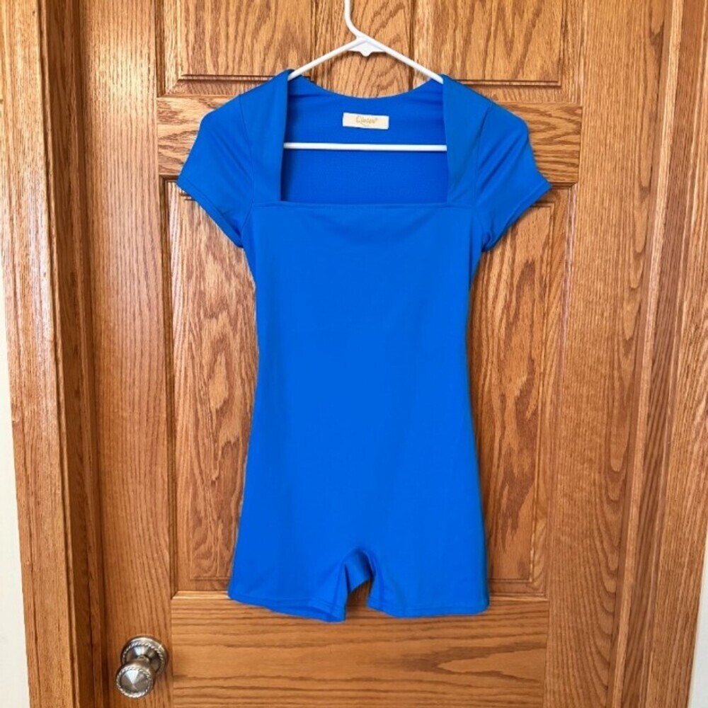 QINSEN Romper Womens Size 6 Bright Blue Square Neck Short Sleeve Bodycon NWOT
